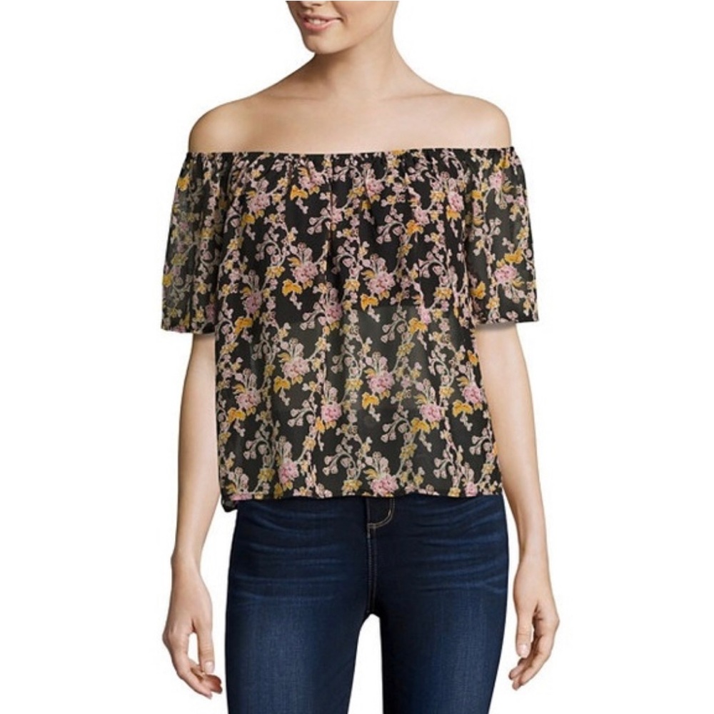 i Jeans by Buffalo Boho Top Blouse Off Shoulder Short Sleeve Lined Size XL Sheer